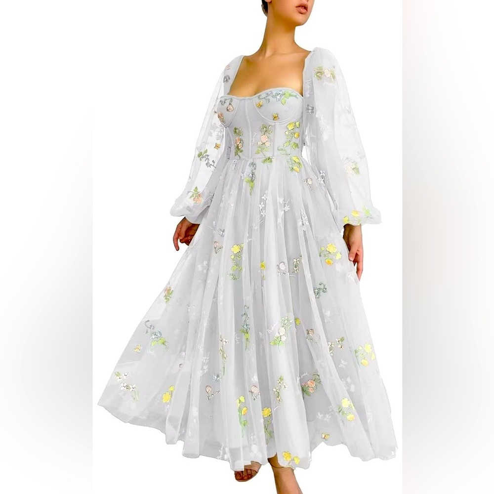White Floral embroidery white tea dress